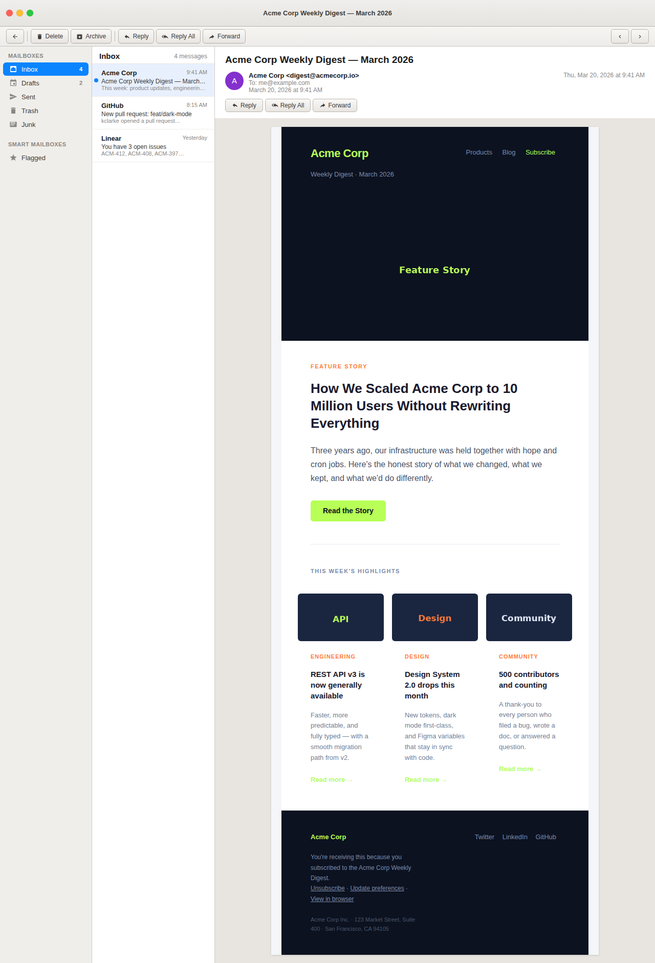 Newsletter template rendered in Apple Mail on macOS