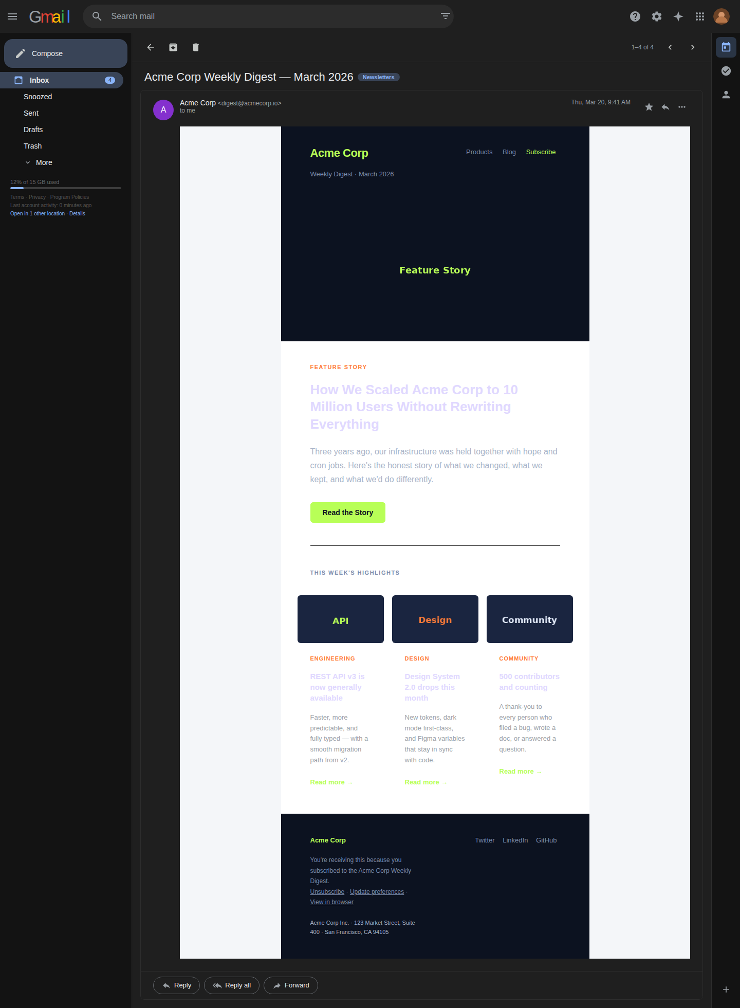 Newsletter template in Gmail dark mode