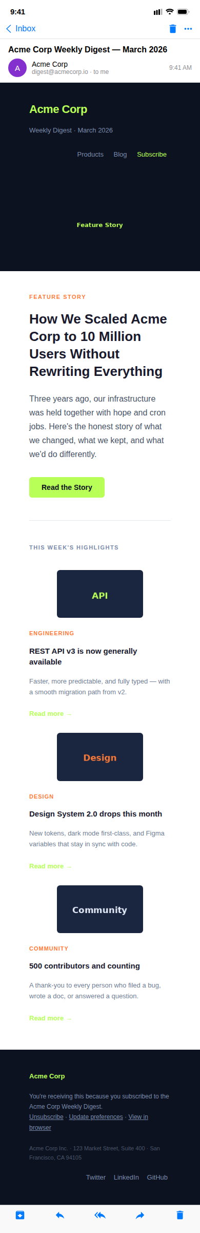 Newsletter template rendered in Gmail on a mobile device