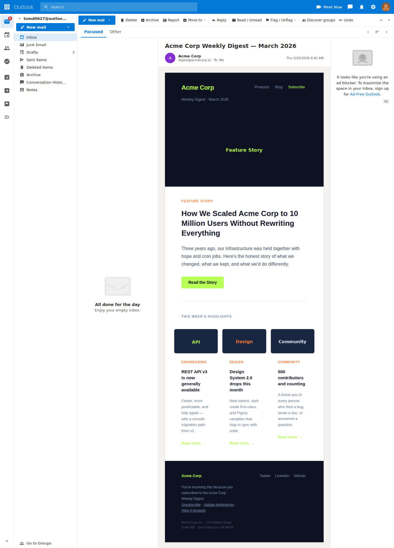 Newsletter template rendered in Outlook.com on Chrome